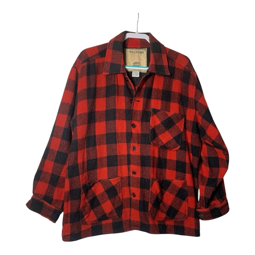 Vtg Buffalo Plaid Wool Hunting Jacket Men's L Red Black 90s Coliseum READ